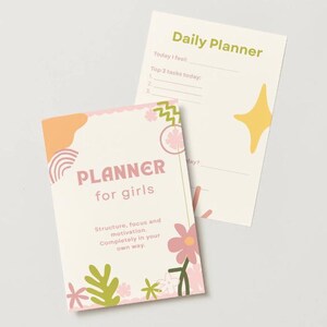 Op de afbeelding: Een planner voor meisjes met een bloemenontwerp en de tekst "PLANNER for girls". De planner bevat een dagelijkse plannerpagina met vragen voor taken en gevoelens. Het ontwerp heeft roze, oranje, groene en gele accenten.