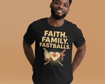 Faith Family Fastballs Shirt – Christian Baseball Tee – Men’s Faith-Based T-Shirt – Jesus Sports Graphic – Gift for Baseball Dad or Coach
