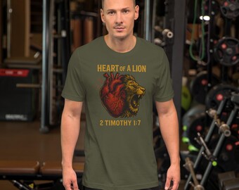 Heart of a Lion Christian Shirt – 2 Timothy 1:7 Bible Verse Tee – Bold Faith Graphic T-Shirt for Men