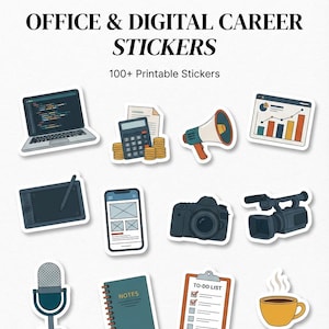 Può includere: Una collezione di oltre 100 adesivi stampabili intitolati Lineverse OFFICE & DIGITAL CAREER STICKERS. Il set include illustrazioni di un portatile, calcolatrice, megafono, grafico, tavoletta grafica, smartphone, fotocamera, videocamera, microfono, taccuino, lista delle cose da fare e tazza di caffè.