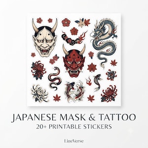 May include: A sticker sheet featuring Japanese-inspired designs including two oni masks in white and red, a blue dragon, koi fish, a snake, and various floral elements like chrysanthemums and maple leaves, with the text JAPANESE MASK & TATTOO 20+ PRINTABLE STICKERS.