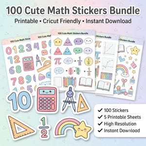 Può includere: Un pacchetto digitale di 100 adesivi matematici carini su cinque fogli stampabili. Gli adesivi presentano illustrazioni color pastello di numeri, una calcolatrice, un compasso, una squadra, un arcobaleno, una stella ed equazioni matematiche.