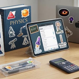 Pode incluir: Uma coleção de adesivos com tema de física aplicados em um caderno espiral, um livro didático azul intitulado PHYSICS, um tablet, um laptop e um smartphone. Os adesivos apresentam imagens científicas, incluindo fórmulas, átomos e foguetes.