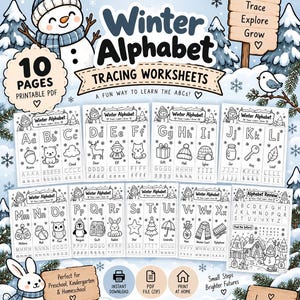 May include: A set of 10 printable Winter Alphabet tracing worksheets featuring a snowman, a rabbit, and winter-themed illustrations. The pages include uppercase and lowercase letters from A to Z with corresponding words and images for children to trace.