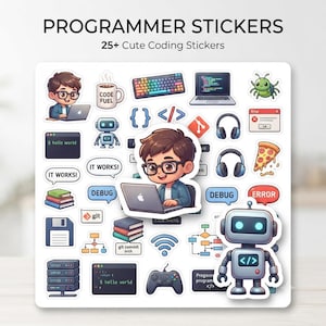 Puede incluir: Una colección de pegatinas para programadores con ilustraciones de una persona con gafas usando un portátil, un robot, una taza de café con la etiqueta Code Fuel, un teclado, una porción de pizza, auriculares, un mando de juego y varios símbolos de código.