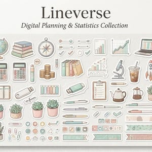 May include: A collection of digital planning and statistics stickers labeled Lineverse Digital Planning & Statistics Collection. The set includes illustrations of a globe, books, compass, calculator, coins, laptop, microscope, rocket, plants, and pens.