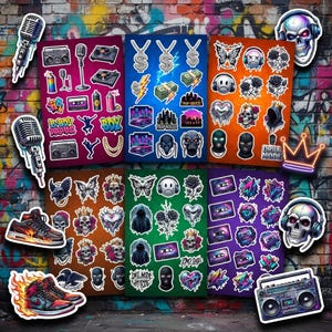 May include: A collection of sticker sheets featuring various designs including skulls, boomboxes, microphones, cassette tapes, sneakers with flames, dollar signs, and abstract shapes, all displayed against a colorful brick wall background.