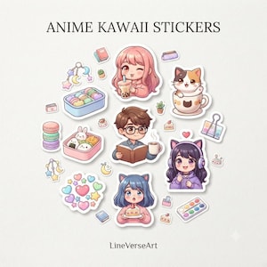 Pode incluir: Uma coleção de adesivos rotulados como ANIME KAWAII STICKERS e LineVerseArt, apresentando ilustrações de personagens, um gato em uma caneca, caixas de bento com comida, macarons, corações, estrelas, livros e materiais de arte em cores vivas.