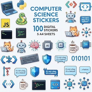 Computer Science Digital Sticker Bundle – 100 Printable Tech Stickers for Programmers & Coders