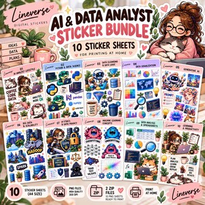 AI | Data Analyst Stickers Bundle, 10 Printable Sticker Sheets, Python & Machine Learning Stickers, Digital Download