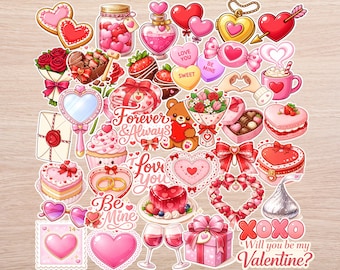 40 PC Valentine’s Day Sticker Pack – Romantic Hearts, Gifts, Desserts & Love Phrases Vinyl Stickers