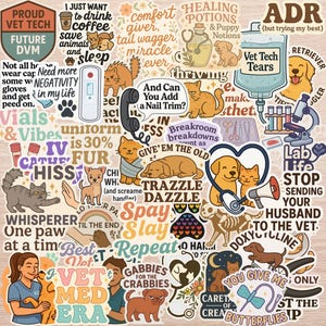 May include: A collection of colorful stickers with veterinary-themed illustrations and text. Designs include cats, dogs, medical equipment, and phrases like "Vet Tech Tears" and "Lab Life".