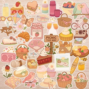 40PC Spring Picnic Sticker Pack – Pastel Vinyl Stickers for Journaling, Scrapbooking, Water Bottles and Laptops