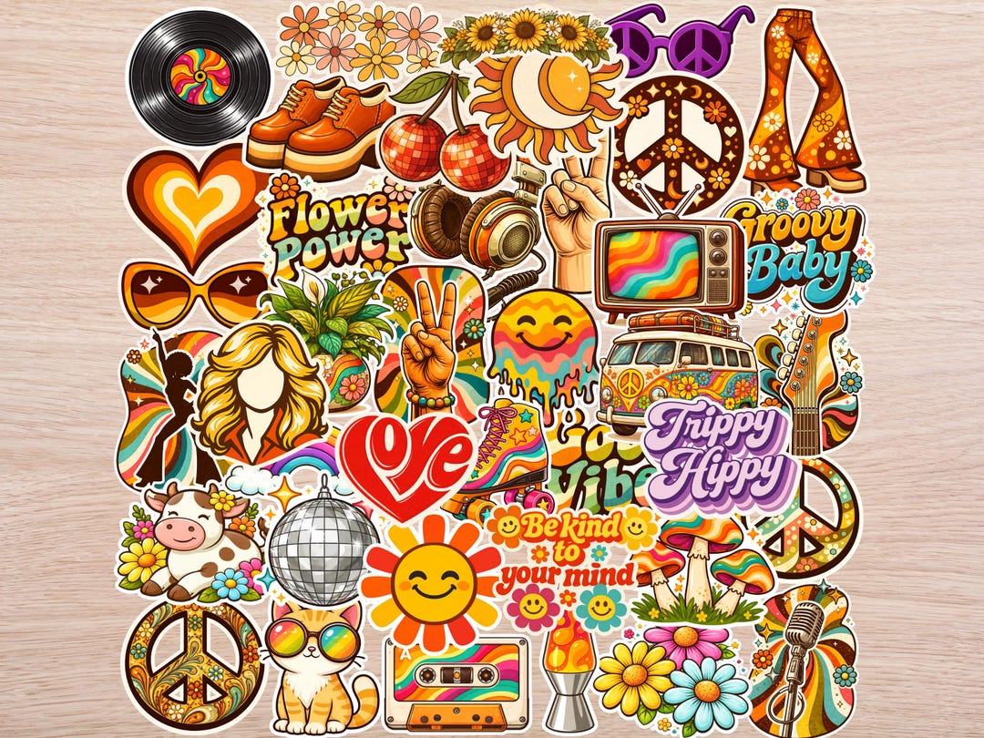 40 PC 70s Groovy Hippie Sticker Pack | Retro Peace, Flower Power, Disco ...
