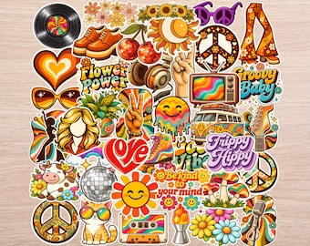 40 PC 70s Groovy Hippie Sticker Pack | Retro Peace, Flower Power, Disco Vinyl Stickers