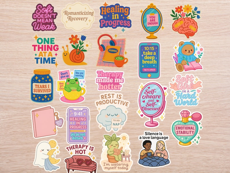 May include: A collection of colorful stickers with various designs and text. Designs include a snail with flowers, a frog in a teacup, a teddy bear reading, and phrases like "Healing in Progress" and "You are Enough."