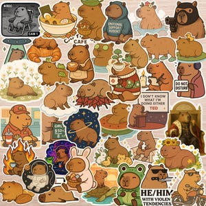 May include: A collection of colorful stickers featuring cartoon capybaras in various poses and outfits. Some stickers include text like "Emotional Support Rodent" and "Do Not Disturb." The capybaras are depicted in scenes such as eating ramen, wearing a hoodie, and riding a motorcycle.