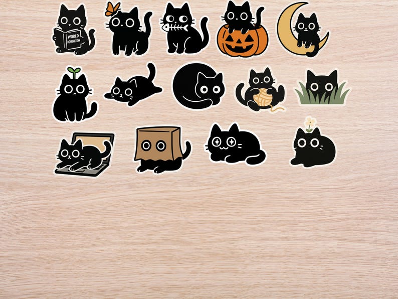 May include: A collection of black cat stickers in various poses. Some cats are depicted with a butterfly, a fish skeleton, and a pumpkin. Other cats are shown with a ball of yarn, a laptop, and a paper bag. The stickers are on a wooden surface.