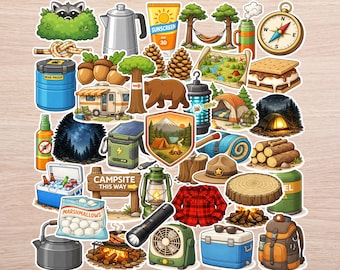 40 PC Camping Sticker Pack, Cartoon Outdoor Adventure Stickers, Camp Life Vinyl Decals for Water Bottles, Laptops and Gear