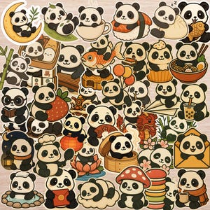 Cute Panda Sticker Pack – 40 Panda Vinyl Stickers (Food, Lotus, Lantern, Noodles, Bamboo, Mahjong, Dragon, and More)