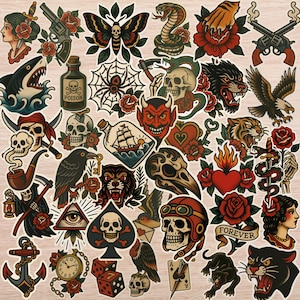 Traditional Tattoo Style Sticker Pack – 40 Vintage Flash Art Decals, Old School Tattoo Stickers for Laptops, Water Bottles and Scrapbooking