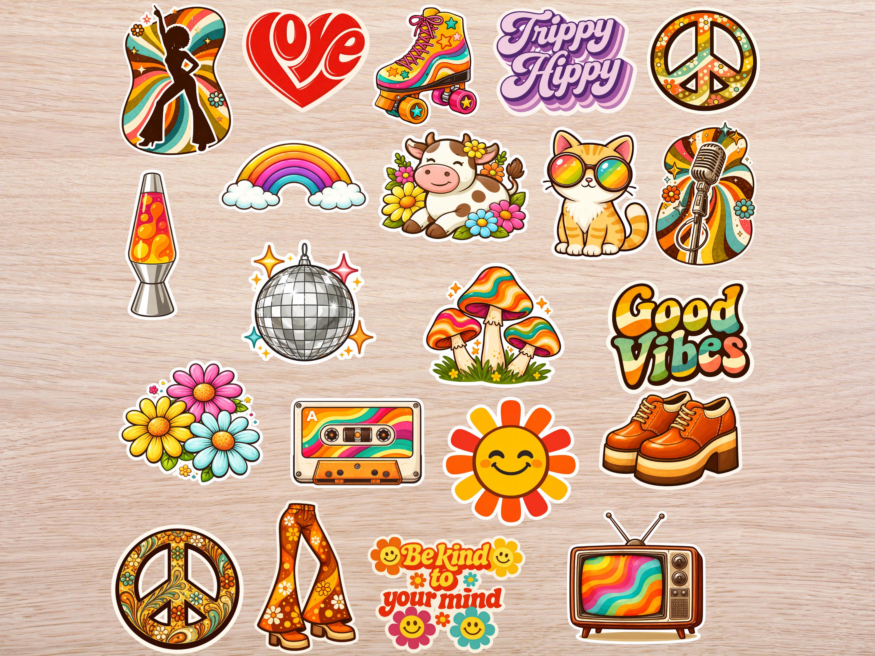40 PC 70s Groovy Hippie Sticker Pack | Retro Peace, Flower Power, Disco ...