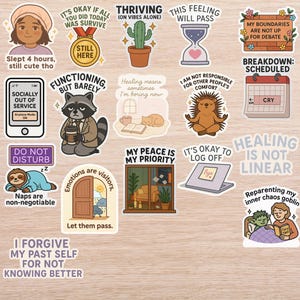 May include: A collection of colorful, illustrated stickers with various themes. Designs include a woman, a medal, a cactus, an hourglass, a calendar, a phone, a raccoon, a hedgehog, a sloth, a door, a laptop, and a person reading.