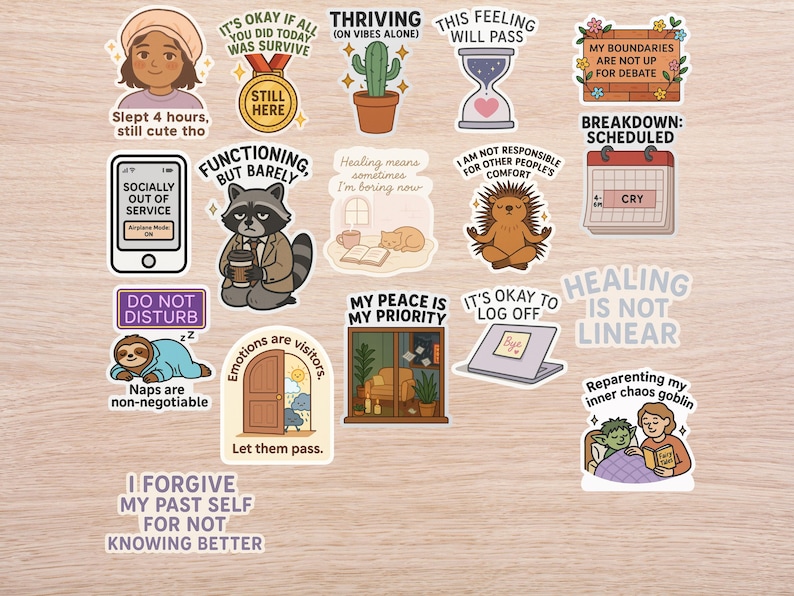 May include: A collection of colorful, illustrated stickers with various themes. Designs include a woman, a medal, a cactus, an hourglass, a calendar, a phone, a raccoon, a hedgehog, a sloth, a door, a laptop, and a person reading.