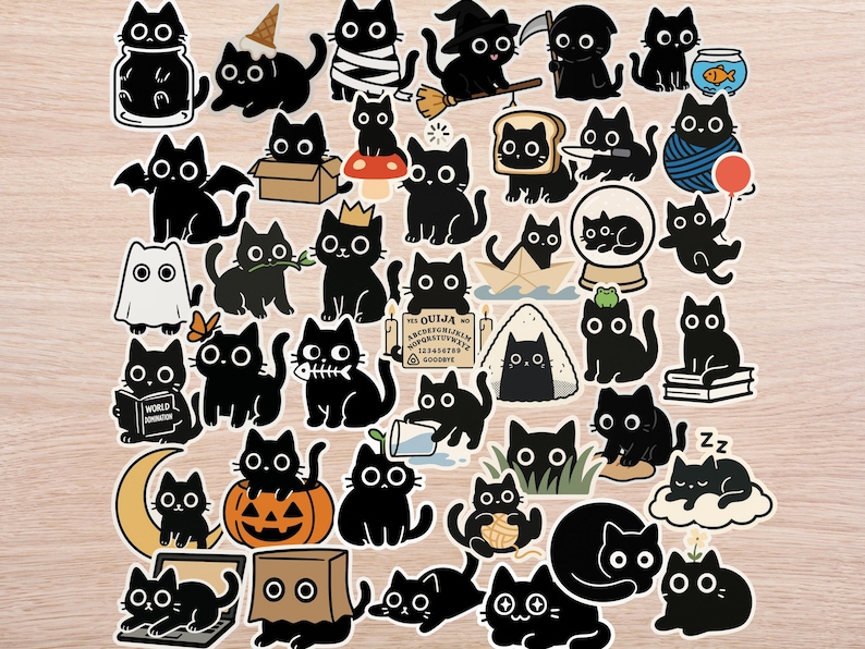 Black Cat Sticker Pack – 40 Minimal Whimsical Designs