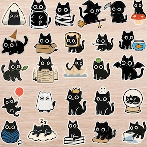May include: A collection of black cat stickers in various poses and costumes. Some cats are depicted with accessories like a witch hat, a balloon, or a crown. Other cats are shown with a Ouija board, a fishbowl, and a slice of bread.