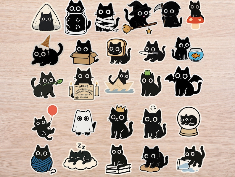 May include: A collection of black cat stickers in various poses and costumes. Some cats are depicted with accessories like a witch hat, a balloon, or a crown. Other cats are shown with a Ouija board, a fishbowl, and a slice of bread.