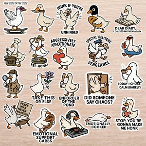 May include: A collection of whimsical stickers featuring cartoon geese in various poses and with humorous phrases. The stickers include geese with a skateboard, holding a heart, and delivering mail. The color palette is primarily white, beige, and black.
