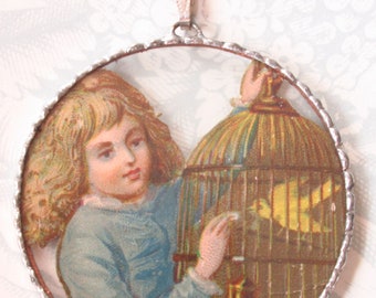 Fiona and The Fig - Antique Victorian Die-Cut - Little Girl with Birdcage - Charm-Soldered Necklace Pendant