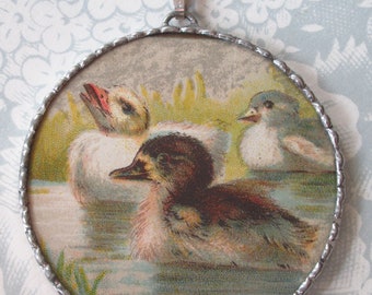 Fiona and The Fig - Victorian Postcard - 3 Darling Little Ducklings - Charm Soldered Necklace Pendant