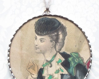 Fiona and The Fig - Antique Victorian-Les Modes de Paris 1870-French Fashion Plate - Charm Soldered Necklace Pendant