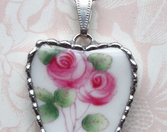 Fiona & The Fig - Antique Victorian Broken China Charm - Pretty Pink Flowers - Soldered Necklace Pendant Charm