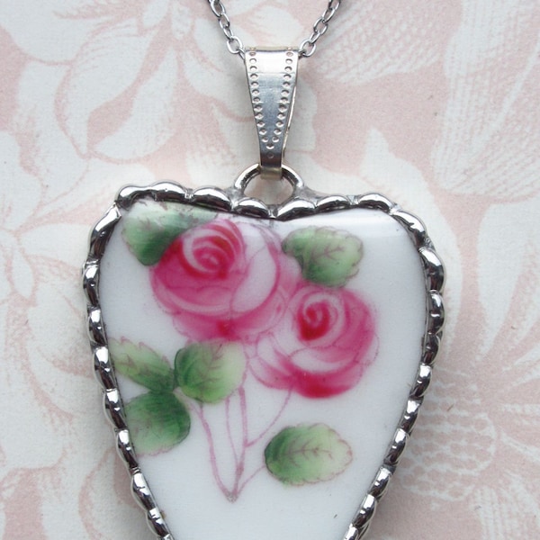 Fiona & The Fig - Antique Victorian Broken China Charm - Pretty Pink Flowers - Soldered Necklace Pendant Charm