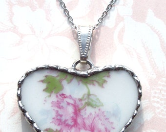 Fiona & The Fig - Antique Victorian Broken China Charm - Pretty Pink Flowers - Soldered Necklace Pendant Charm