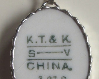 Fiona & The Fig- Antique Back-Stamp- K.T.K. China Company - Broken China - Soldered Necklace Pendant Charm-Jewelry