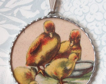 Fiona and The Fig - Victorian Postcard - Sweet Baby Ducklings - Charm Soldered Necklace Pendant