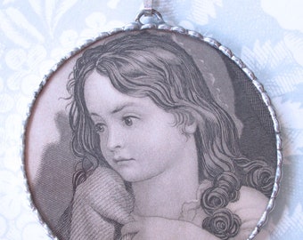 Fiona and The Fig - RARE Antique Victorian Steel Engraving Circa 1850 - Red Riding Hood/Big Bad Wolf - Charm Soldered Necklace Pendant