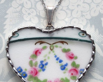 Fiona & The Fig- Antique Broken China-Roses - Soldered Necklace Pendant Charm-Jewelry