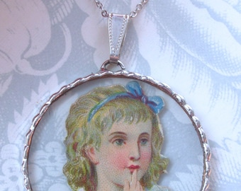 Fiona and The Fig - Antique Victorian Die-Cut - Wondering Little Girl - Charm-Soldered Necklace Pendant