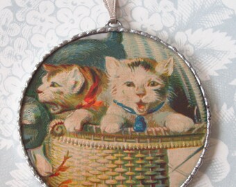 Fiona and The Fig - Antique Victorian Card- Kittens in a Basket - Charm-Soldered Necklace Pendant