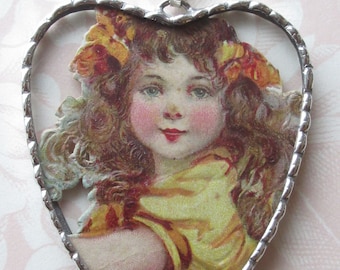 Fiona and The Fig - Antique Turn of the Century Card-Darling Little Girl - Charm-Soldered Necklace Pendant