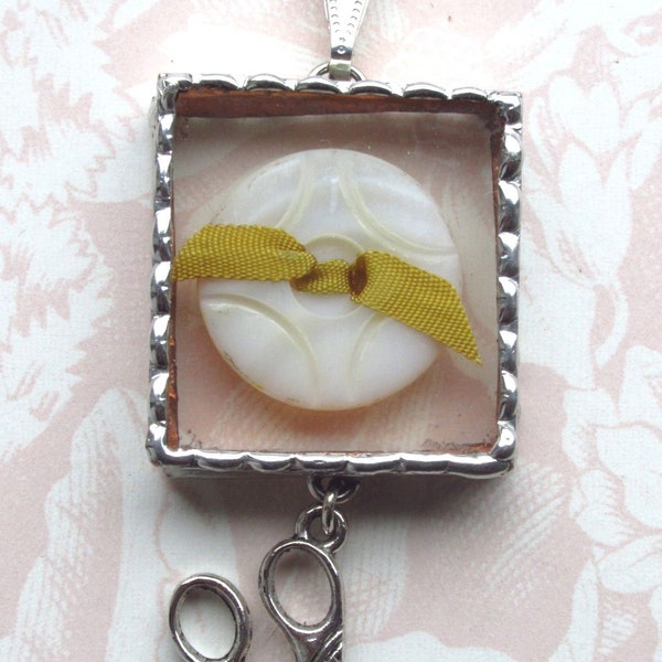 Fiona & The Fig - Button Box - Antique Mother of Pearl Button - Tiny Shadowbox - Soldered Necklace Pendant Charm- Jewelry