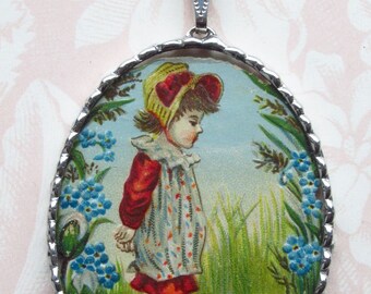 Fiona and The Fig - Antique Turn of the Century Scrap-Darling Little Girl - Charm-Soldered Necklace Pendant