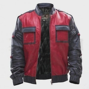 Red & Black Leather Bomber Jacket | Star-Lord Inspired Biker Style | Cosplay Outfit | Retro Motorcycle Streetwear for Men.