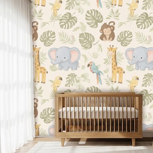 Safari Animal Nursery Wallpaper, Peel and Stick Kids Wall Mural, Jungle Baby Room Decor, Removable Cute Elephant Giraffe Monkey Wall Art