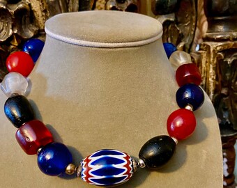 Tribal huge chevron bead, rare dogon African beads and Bohemian glass beads necklace